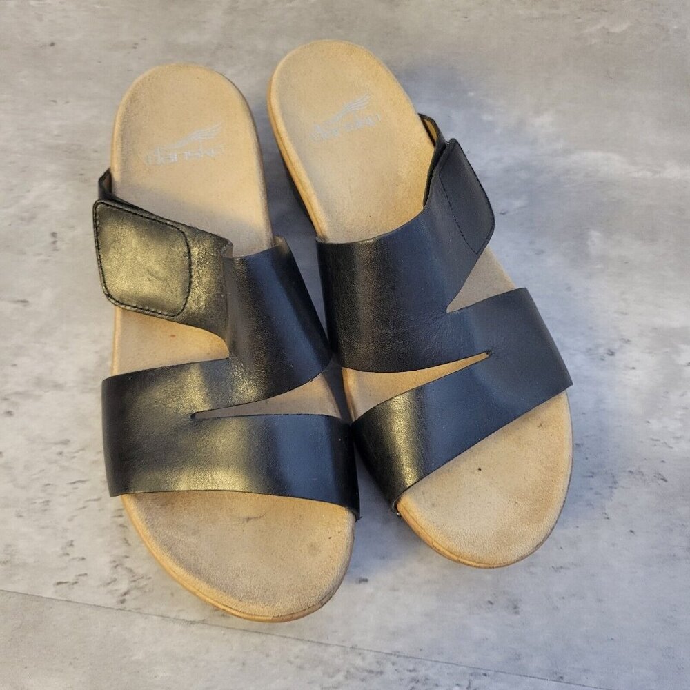 Dansko Sandals Womens Size 38 US 7.5 Black Leather Clog Wedge Lacee Open Toe